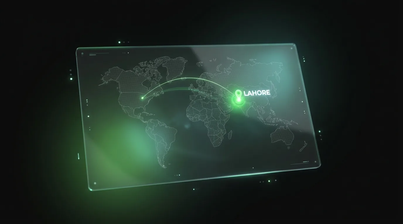 Global network map highlighting iDevNerds' Lahore, Pakistan location