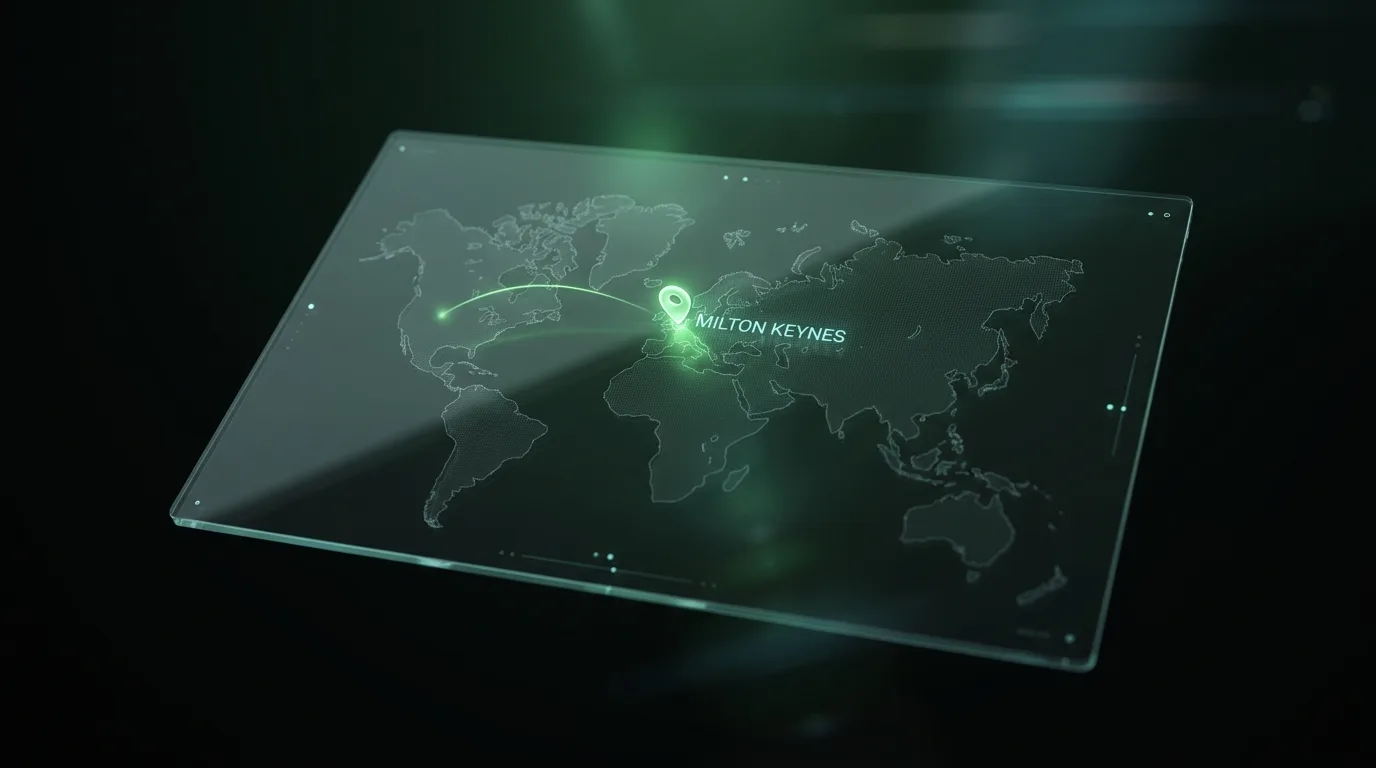 Global network map highlighting iDevNerds' Milton Keynes, UK location